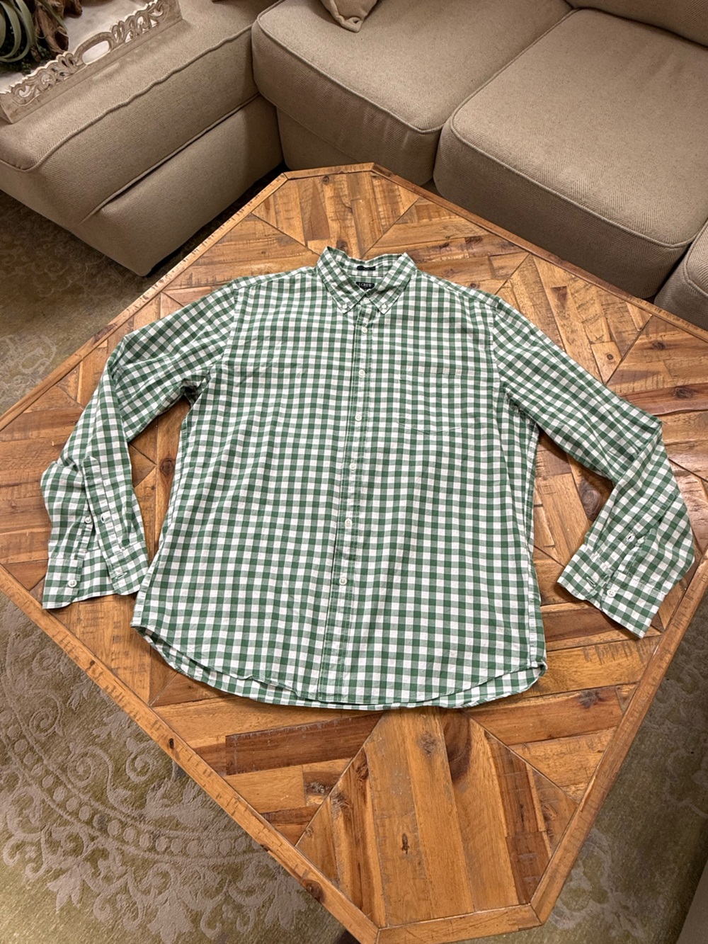 J. Crew Green and White Gingham Button-Down Shirt